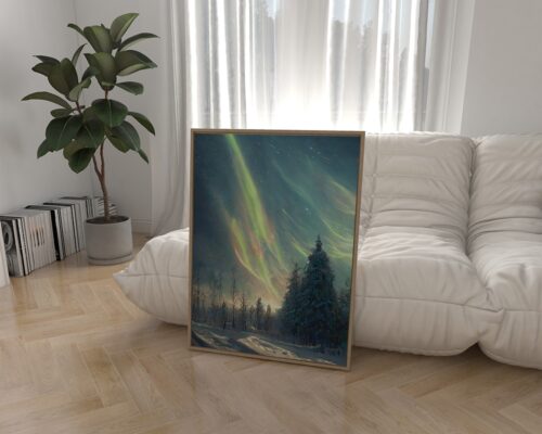 ⁦תמונה לחדר שינה ולפינת אוכל בסגנון ציור וינטג' זוהר הקוטב ביער מושלג⁩ – תמונה ⁦4⁩