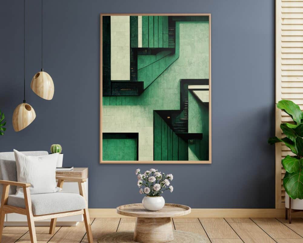 סלון מודרני עם "תמונה למשרד בעיצוב אבסטרקט ריבועים וקווים בירוק" ממוסגר על קיר כחול. האמנות כוללת מדרגות ירוקות ושחורות בעיצוב מופשט. החדר כולל גם כורסה לבנה, שולחן צד קטן עם צמחים, שולחן קפה מעץ עם אגרטל פרחים וצמח גבוה.