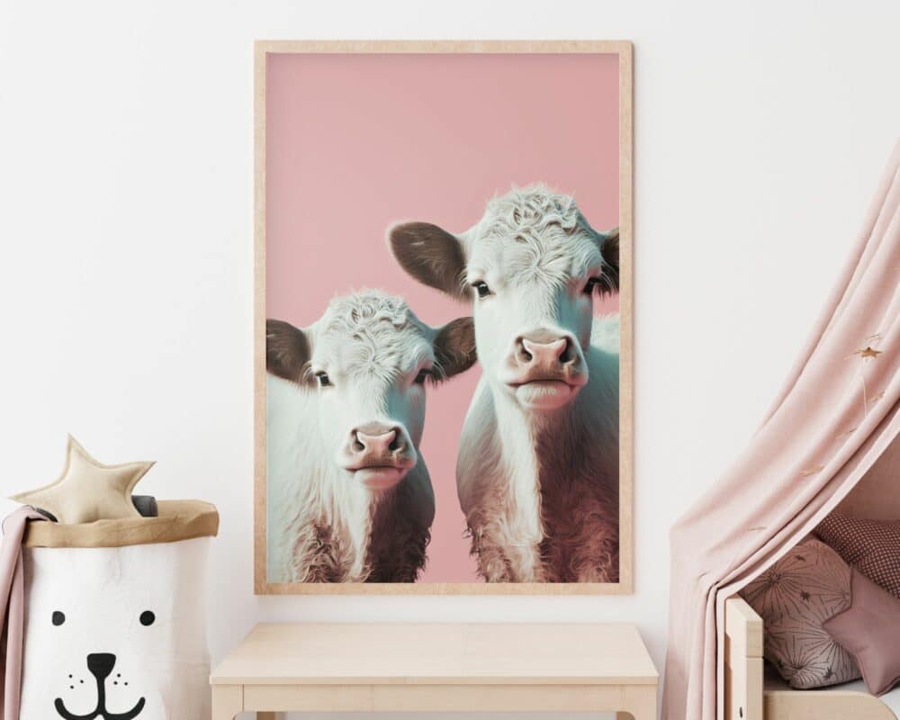 תמונה ממוסגרת בשם "זוג פרות חמודות על רקע ורוד" מותקנת על קיר לבן. מתחת לתמונה שולחן עץ. מצד שמאל, תיק לבן מעוטר בעיצוב פנים דובי מחזיק פריטים בצורת כוכב בז' וזהב, ומימין בד עטוף ורוד.