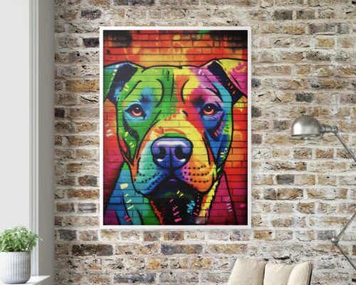 ציור תוסס שכותרתו "תמונה לחדר נוער נוסח גרפיטי כלב פיטבול צבעוני" המתאר כלב בסגנון גרפיטי מעטר קיר לבנים. פני הכלב מוצגים בגוונים חיים של ירוק, צהוב, כחול וורוד. מימין ליצירות האמנות, מנורה מודרנית מוסיפה תאורה חלקה, בעוד שבצד שמאל, עציץ מכניס אלמנט של טבע לחלל.