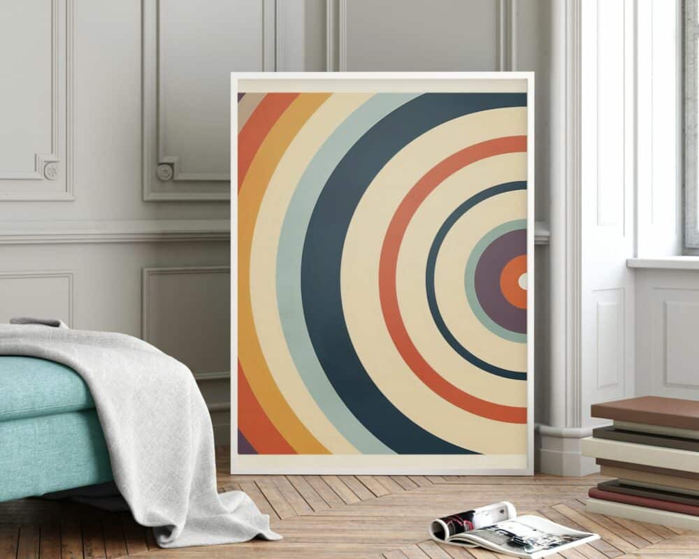 יצירה ממוסגרת של אמנות מודרנית של אמצע המאה שכותרתה תמונה למשרד סגנון מודרני מיד סנצ'ורי קשת תקליט, הכוללת עיגולים קונצנטריים בצבעי קשת מושתק, מונחת על הרצפה על רקע קיר ספון בהיר, מושלם כמו תמונה למשרד. ספה בצבע צהבהב בהירה עם שמיכה אפורה עטופה נראית חלקית משמאל, עם ערימה קטנה של ספרים בקרבת מקום.