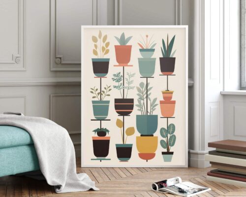 בסלון מסוגנן בעיצוב מינימליסטי מונחת על קיר תמונה לפינת אוכל בסגנון מודרני צמחים בעציצים הכוללים עציצים מאוירים בצורות וצבעים שונים. החדר כולל ספה בהירה עטופה בשמיכה אפורה ומגזין מגולגל על הרצפה.