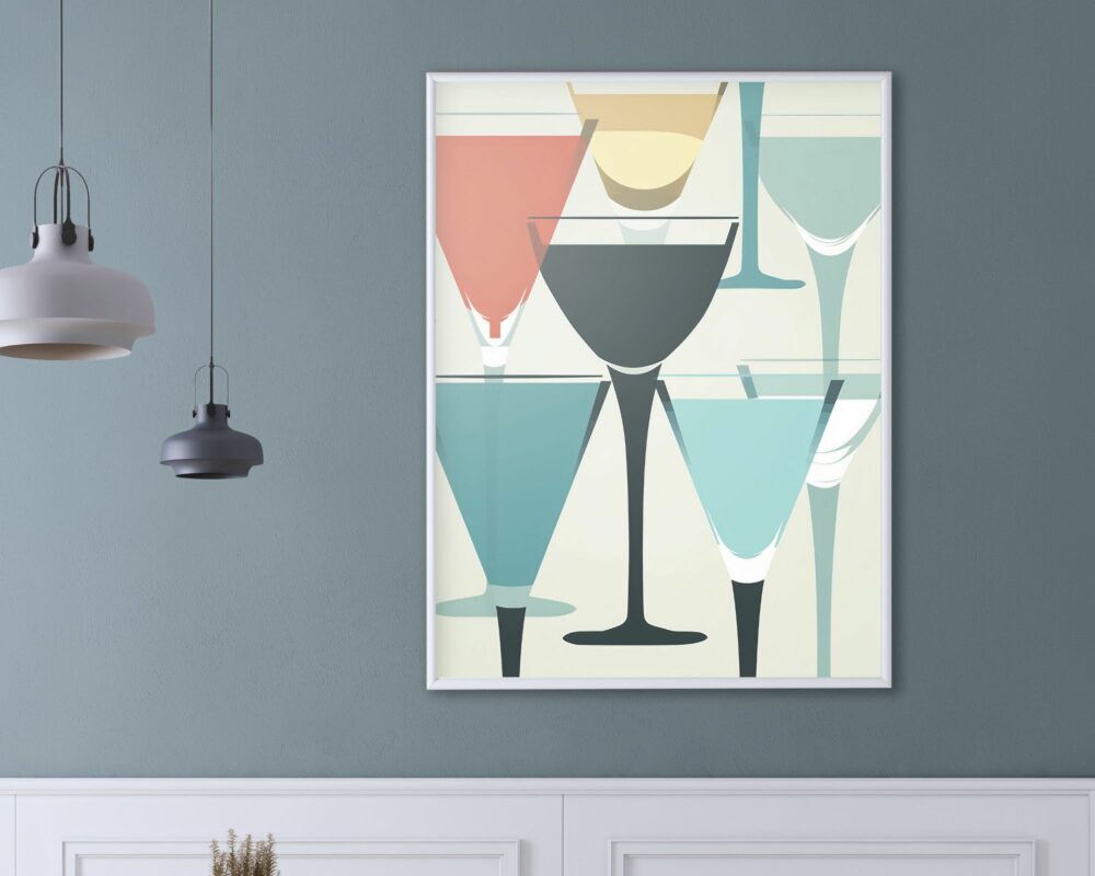 הדפס אמנות אבסטרקטי ממוסגר שכותרתו "תמונה למטבח ולפינת אוכל בסגנון מודרני כוסות קוקטייל" הכולל כוסות קוקטייל צבעוניות מוצג על קיר צהבהב מעל מחסום לבן. שני אורות תליון תלויים נראים משמאל, אחד שחור ואחד לבן. חלק ממרכיבי העיצוב נראים חלקית בפינה השמאלית התחתונה.