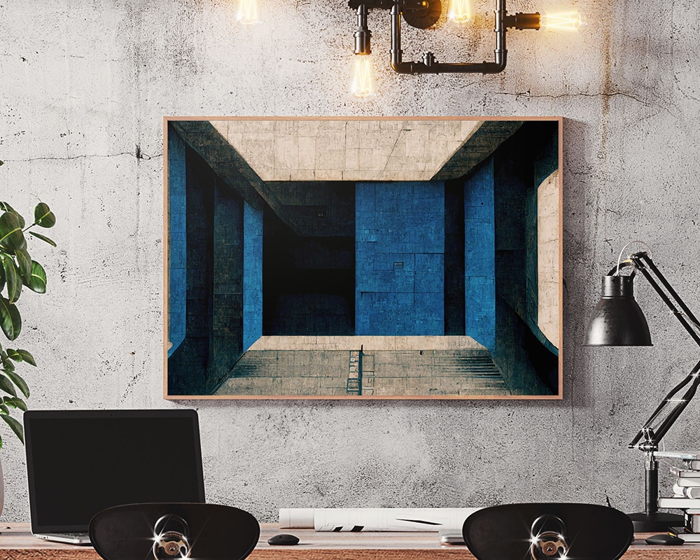 בחלל עבודה מודרני עם קיר בטון, מוצגת יצירת אמנות אדריכלית מופשטת ממוסגרת שכותרתה "תמונה מעל הספה נוסח אבסטרקט ברוטליסטי בצבע שחור וכחול". מתחת לציור יש שולחן עבודה עם שני כסאות משרדיים שחורים, מחשב נייד, מחברות ומנורות שולחן. נורות תלויות מאירות את האזור, וצמח מוסיף נופך של ירק.