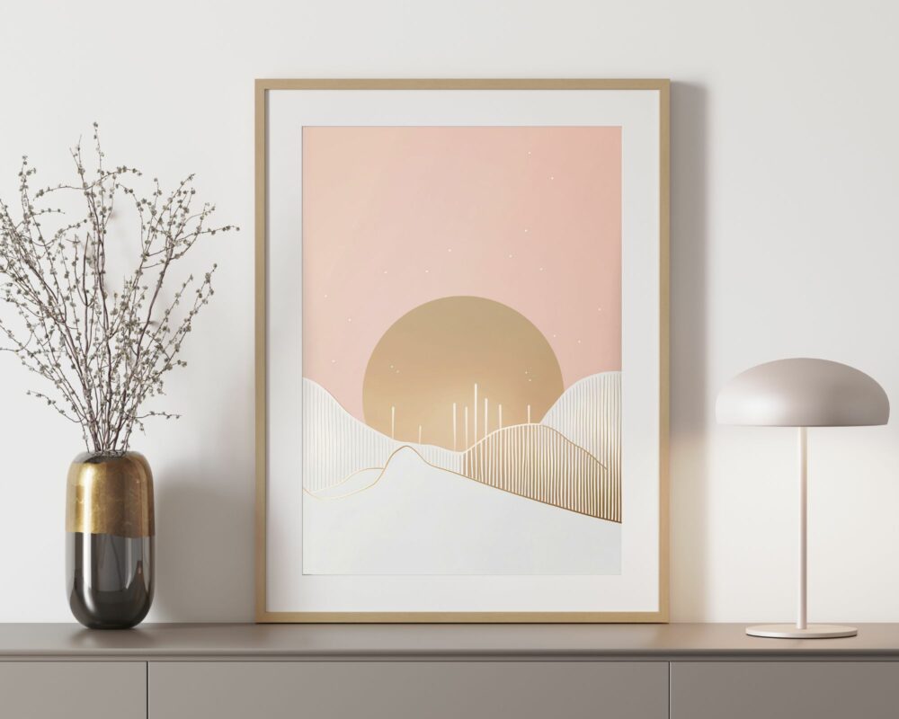 על הקיר תלויה תמונה בשם "תמונה לחדר שינה בעיצוב מינימליסטי שמש והרים בורוד עדין וזהב", המציגה יצירות אמנות מינימליסטיות מודרניות עם הרים מופשטים ושמש גדולה בצבעי פסטל עמומים בתוך מסגרת מוזהבת. מתחת ליצירות האמנות, משטח אפור בהיר מחזיק אגרטל עם ענפים דקים ומנורת שולחן מודרנית ואלגנטית.