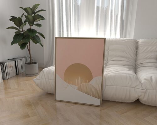 ⁦תמונה לחדר שינה בעיצוב מינימליסטי שמש והרים בורוד עדין וזהב⁩ – תמונה ⁦3⁩