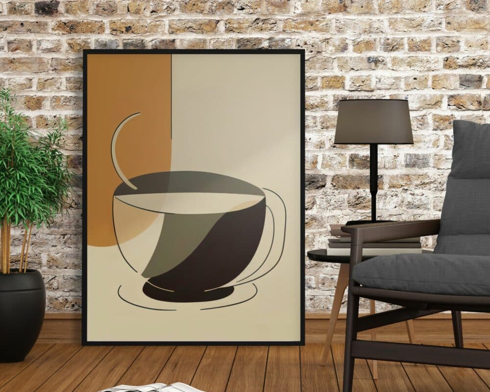 חדר נעים כולל כותרת ציור מופשט ממוסגר "תמונה לפינת אוכל בסגנון מודרני כוס אצבעות חומים" על קיר לבנים. מימין מנורה שחורה על שולחן צד מעץ, לצד כיסא מרופד אפור. משמאל מונח עציץ ירוק המוסיף נופך של טבע לחלל.