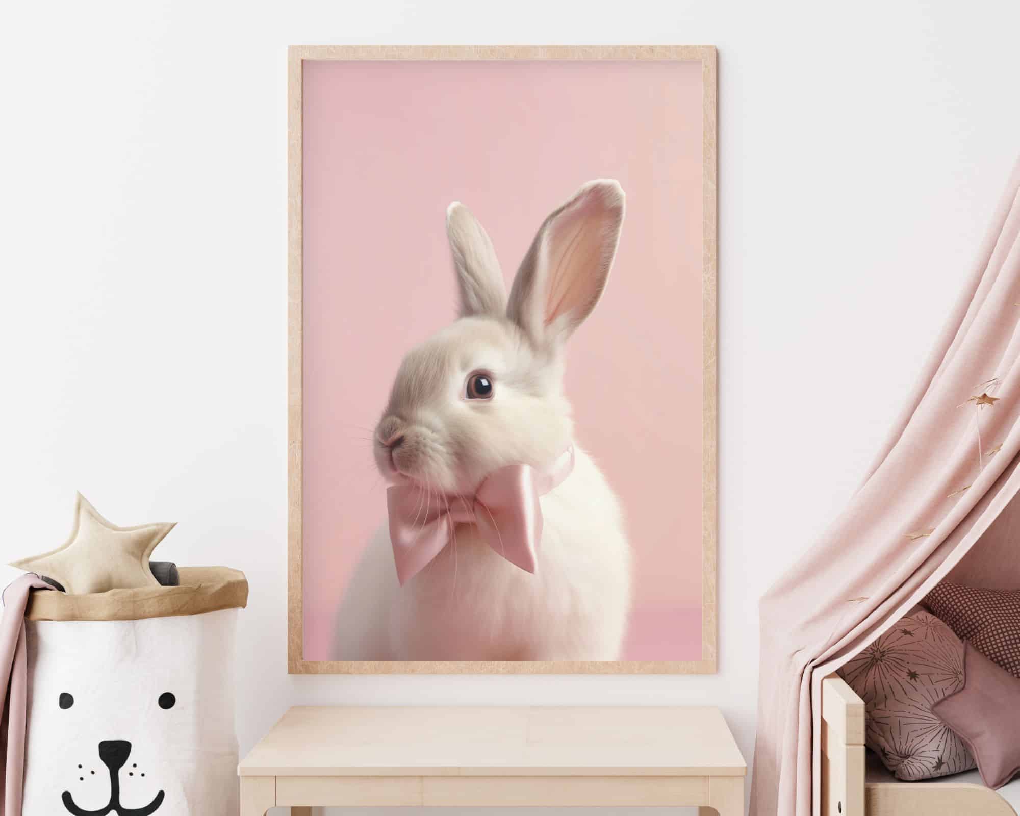 9239mo0 תמונה ממוסגרת של ארנבון בייבי עם פפיון בורוד עדין תלויה על קיר בצבע בהיר. מתחת לתמונה יש שולחן קטן. משמאל פח אחסון לבן מעוטר כמו דוב עם כוכב קטיפה. מימין, אוהל ורוד פסטל נראה חלקית.