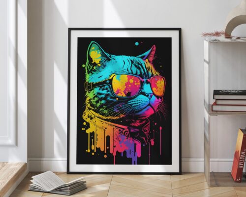 ⁦חתול מצויר עם משקפיים בצבעי קשת וניאון (Neon)⁩ – תמונה ⁦2⁩