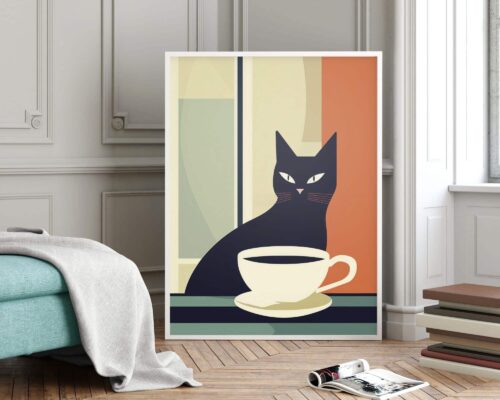 חלל פנים מודרני כולל תמונה ממוסגרת לפינת אוכל בסגנון מודרני חתול שחור וכוס קפה הנשענת על קיר. יצירות האמנות המסוגננות מציגות חתול שחור יושב ליד כוס תה, מעובד בצבעים עזים. ספת אקווה עם שמיכה מכוסה ומגזינים מפוזרים על רצפת עץ משלימים את הסצנה.