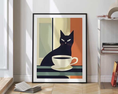 ⁦תמונה לפינת אוכל בסגנון מודרני חתול שחור וכוס קפה⁩ – תמונה ⁦2⁩