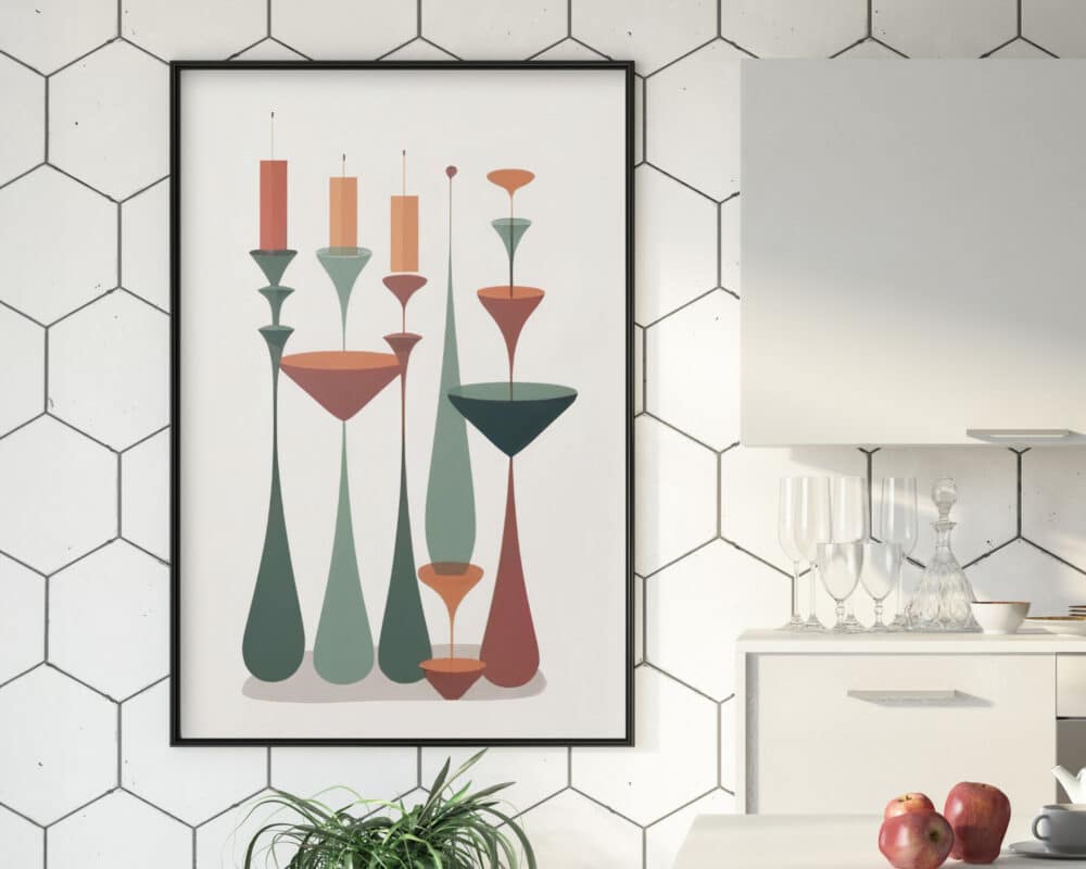 יצירת אמנות אבסטרקטית מודרנית ממוסגרת בשם 'תמונה למטבח ולפינת אוכל בעיצוב מופשט מודרני פמוטי נרות על רקע לבן' תלויה על קיר אריחים לבנים עם דוגמאות משושה. מתחתיו, ארון מטבח לבן מכיל כלי זכוכית ותפוחים שקופים בקערה, עם צמח על משטח סמוך.