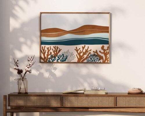 ⁦תמונה לחדר שינה מעל המיטה בסגנון בוהו שיק אלמוגים וגלים בצבע כחול וחום⁩ – תמונה ⁦4⁩