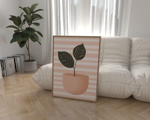 ⁦תמונה למטבח בעיצוב מינימליסטי עציץ על רקע פסים ורודים⁩ – תמונה ⁦3⁩