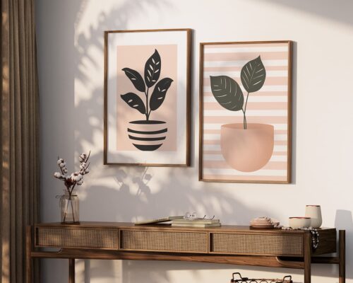 ⁦תמונה למטבח בעיצוב מינימליסטי עציץ על רקע פסים ורודים⁩ – תמונה ⁦4⁩