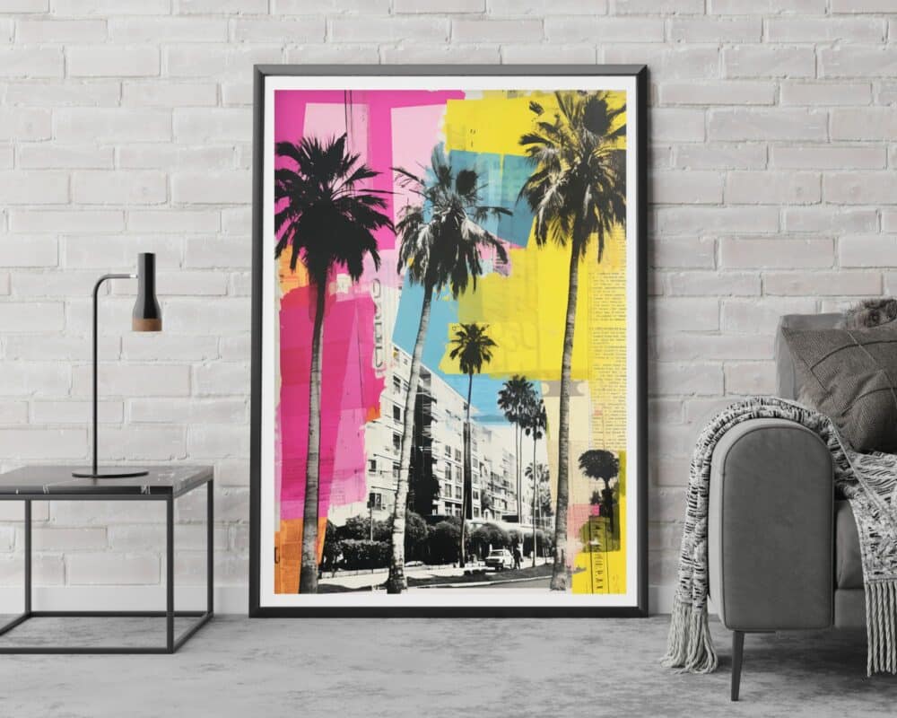 על קיר לבנים לבן מוצגת יצירת אמנות ממוסגרת בשם "תמונה לחדר נוער נוסח רטרו רחוב במיאמי צבעוני", המציגה עצי דקל ומבנים צבעוניים בגוונים עזים של ורוד, צהוב וכחול. ליד הגרפיקה, מנורה מודרנית יושבת על שולחן צד ליד ספה אפורה המעוטרת בשמיכת זריקה בעלת מרקם.