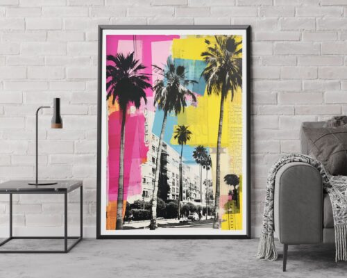 על קיר לבנים לבן מוצגת יצירת אמנות ממוסגרת בשם "תמונה לחדר נוער נוסח רטרו רחוב במיאמי צבעוני", המציגה עצי דקל ומבנים צבעוניים בגוונים עזים של ורוד, צהוב וכחול. ליד הגרפיקה, מנורה מודרנית יושבת על שולחן צד ליד ספה אפורה המעוטרת בשמיכת זריקה בעלת מרקם.