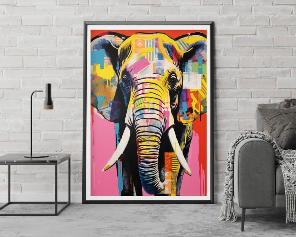 ציור פופ ארט תוסס וצבעוני של פיל על רקע ורוד, שכותרתו "תמונה לחדר נוער נוסח פופ ארט פיל צבעוני על רקע ורוד", מעטר קיר לבנים לבן. תמונה זו ממוסגרת בשחור ונשענת על הרצפה לצד שולחן שחור עכשווי עם מנורה, וכיסא מרופד אפור עם שמיכה עטופה מעליו.