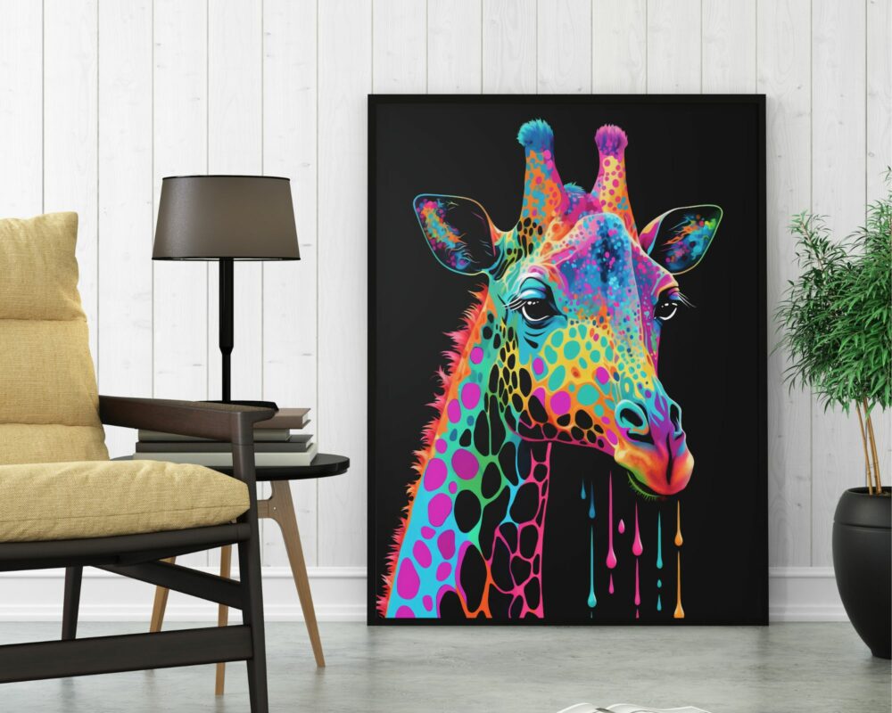 תמונה לחדר נוער נוסח גרפיטי ג'ירפה עם נקודות בצבעי קשת, הכוללת ג'ירפה עם צבעי ניאון עזים כחול, ורוד, ירוק וצהוב בסגנון פסיכדלי, מוצגת על הרצפה ליד כורסת בז'. גם מנורה שחורה וצמח עלים ירוק בעציץ מונחים בקרבת הקיר הבהיר.