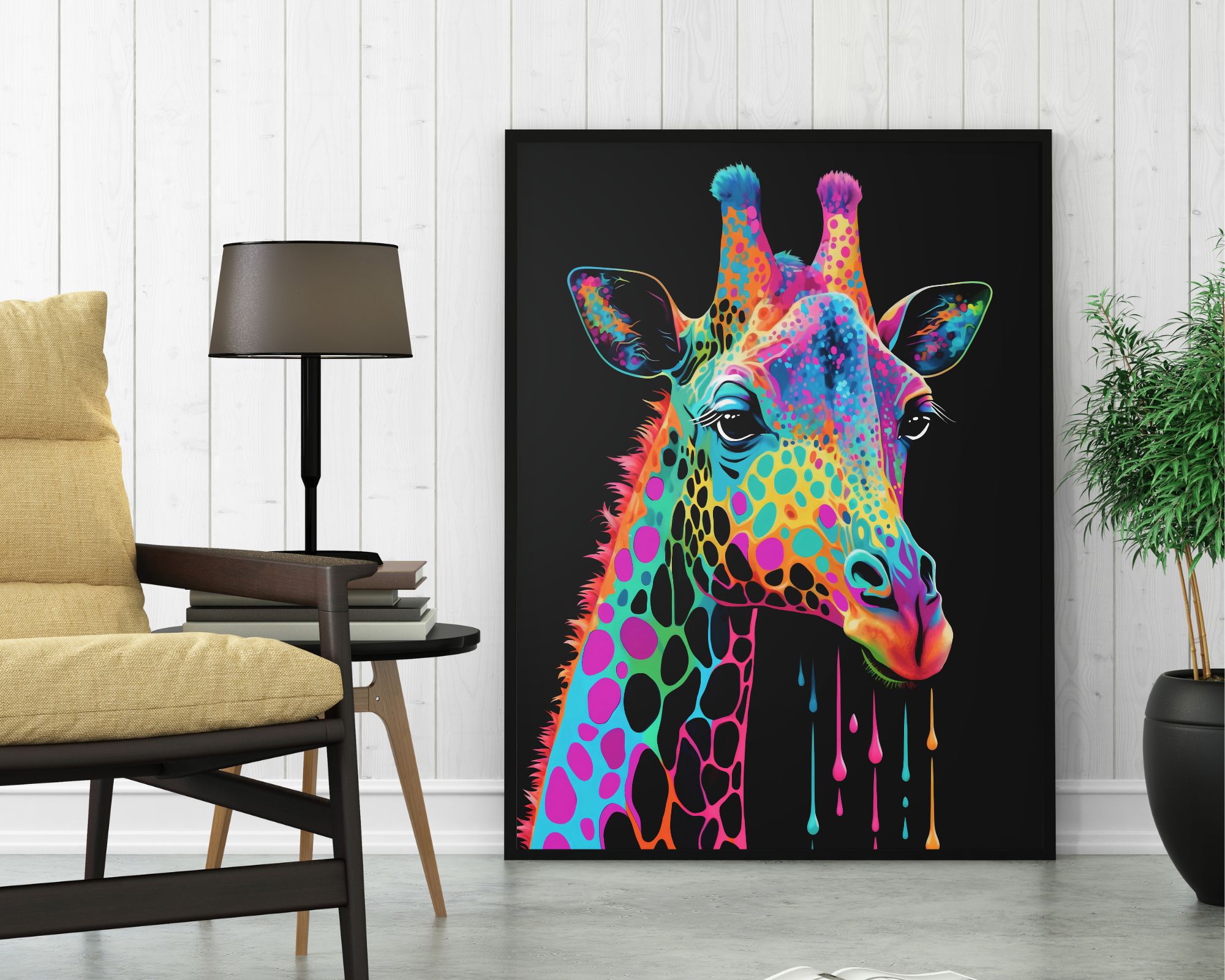 9215mo0 תמונה לחדר נוער נוסח גרפיטי ג'ירפה עם נקודות בצבעי קשת, הכוללת ג'ירפה עם צבעי ניאון עזים כחול, ורוד, ירוק וצהוב בסגנון פסיכדלי, מוצגת על הרצפה ליד כורסת בז'. גם מנורה שחורה וצמח עלים ירוק בעציץ מונחים בקרבת הקיר הבהיר.