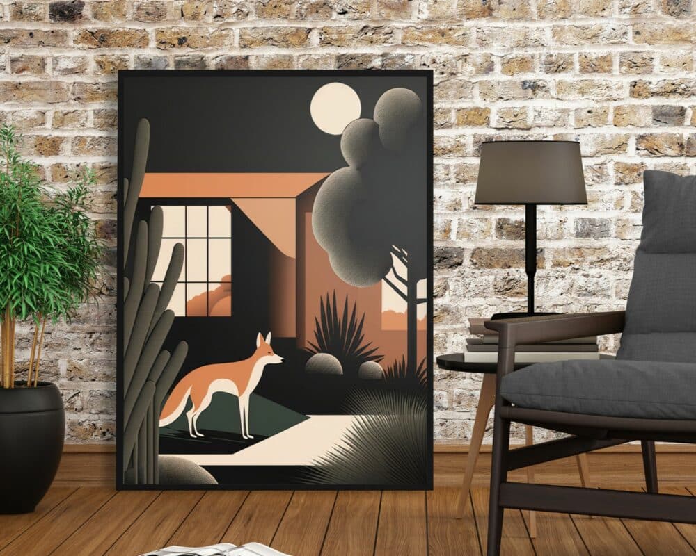 חלל פנים נעים כולל תמונה ממוסגרת למשרד עיצוב מודרני שועל מטייל בגינה בלילה, נשען על קיר לבנים עם מרקם. משמאל יש עציץ, מנורה שחורה על שולחן עץ, ומימין כיסא מרופד אפור.