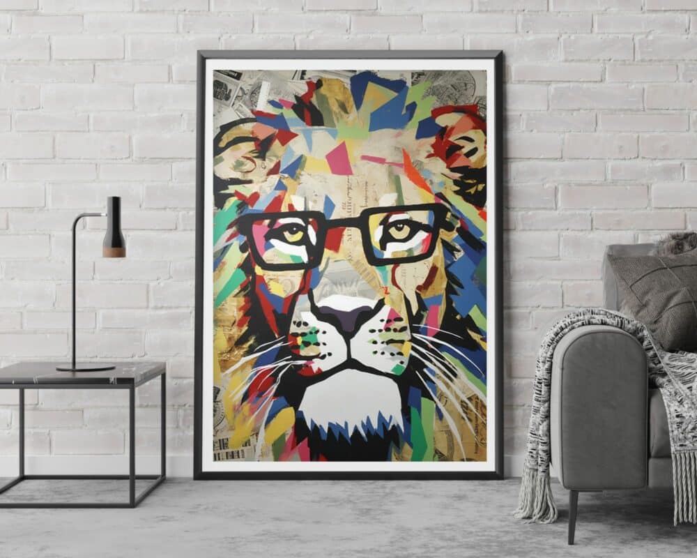 חדר עם קיר לבנים מציג תמונה לחדר נוער בעיצוב קולאז' רטרו אריה היפסטר, ציור מופשט ממוסגר של אריה מרכיב משקפיים. היצירה צבעונית וגיאומטרית. מנורה מודרנית ושולחן קטן נמצאים משמאל, לצד ספה אפורה מימין.