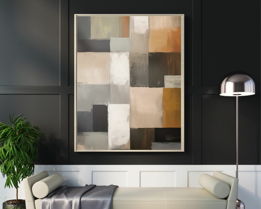 חלל פנים מודרני כולל את "תמונה למשרד נוסח אבסטרקט ריבועים ומלבנים בגווני חום", המציג בלוקים של צבעים עמומים כגון אפורים, לבנים, חומים וירוקים. מנורת רצפה מלוטשת ועציץ מוסיפים סטייל, בעוד שספסל בז' מרופד עם שמיכה אפורה משפר את הנוחות.