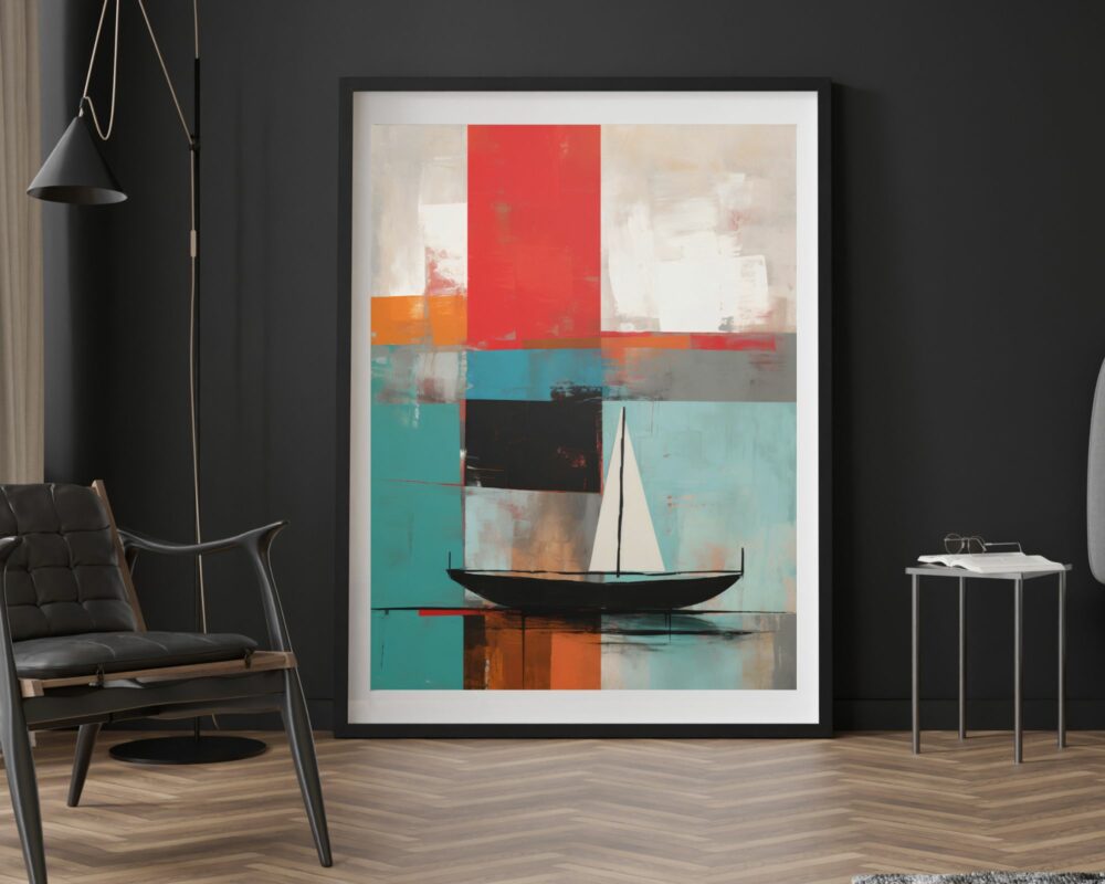 ציור מופשט ממוסגר המתאר נוף ים עם סירת מפרש, בכותרת "תמונה למשרד נוסח אבסטרקט נוף ים עם סירת מפרש", מציג בלוקים נועזים של אדום, צהבהב, כתום ובז' על קיר כהה. החזית כוללת כיסא שחור מודרני ושולחן לבן קטן עם צמח בחדר המעוטר בריצוף עץ בדוגמת אדרה.