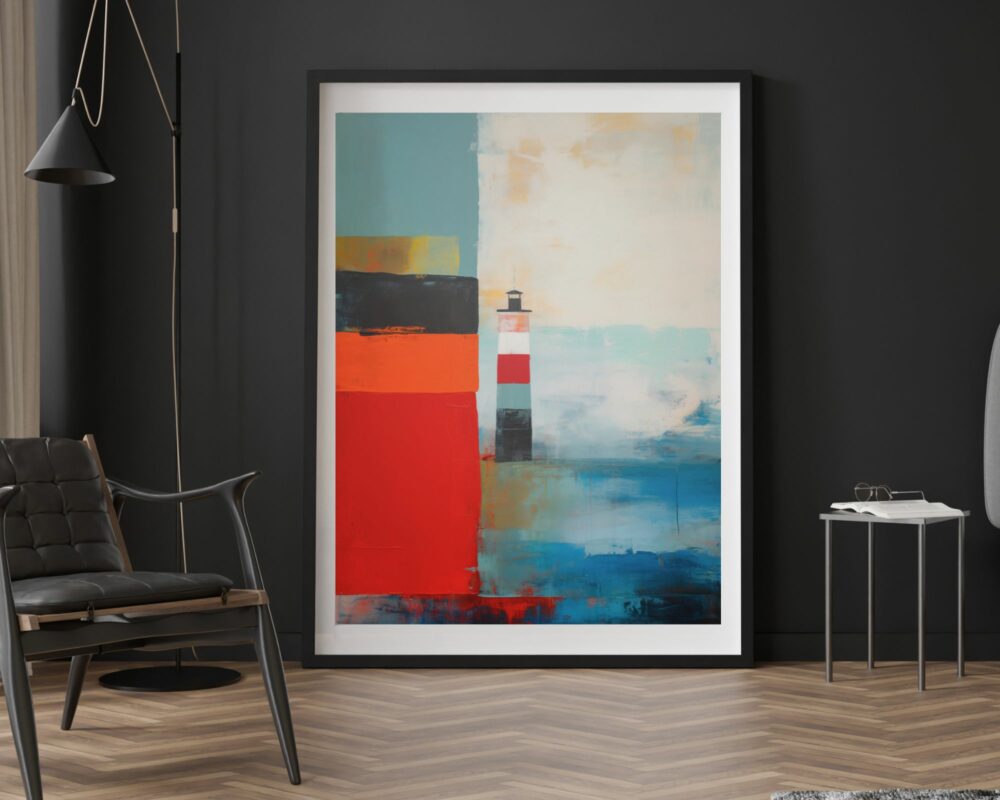 ציור מופשט גדול וממוסגר בשם "תמונה למשרד נוסח אבסטרקטי נוף ים עם מגדלור" כולל מגדלור הממוקם על רקע גושי צבע חיים, כולל אדום, כחול, שחור ואוף-וויט. יצירות האמנות מוצגות בחדר מודרני עם קירות כהים, משלימים כיסא עור שחור ושולחן צד קטן בקרבת מקום.