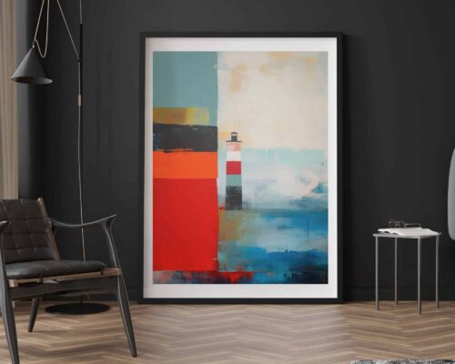 ציור מופשט גדול וממוסגר בשם "תמונה למשרד נוסח אבסטרקטי נוף ים עם מגדלור" כולל מגדלור הממוקם על רקע גושי צבע חיים, כולל אדום, כחול, שחור ואוף-וויט. יצירות האמנות מוצגות בחדר מודרני עם קירות כהים, משלימים כיסא עור שחור ושולחן צד קטן בקרבת מקום.