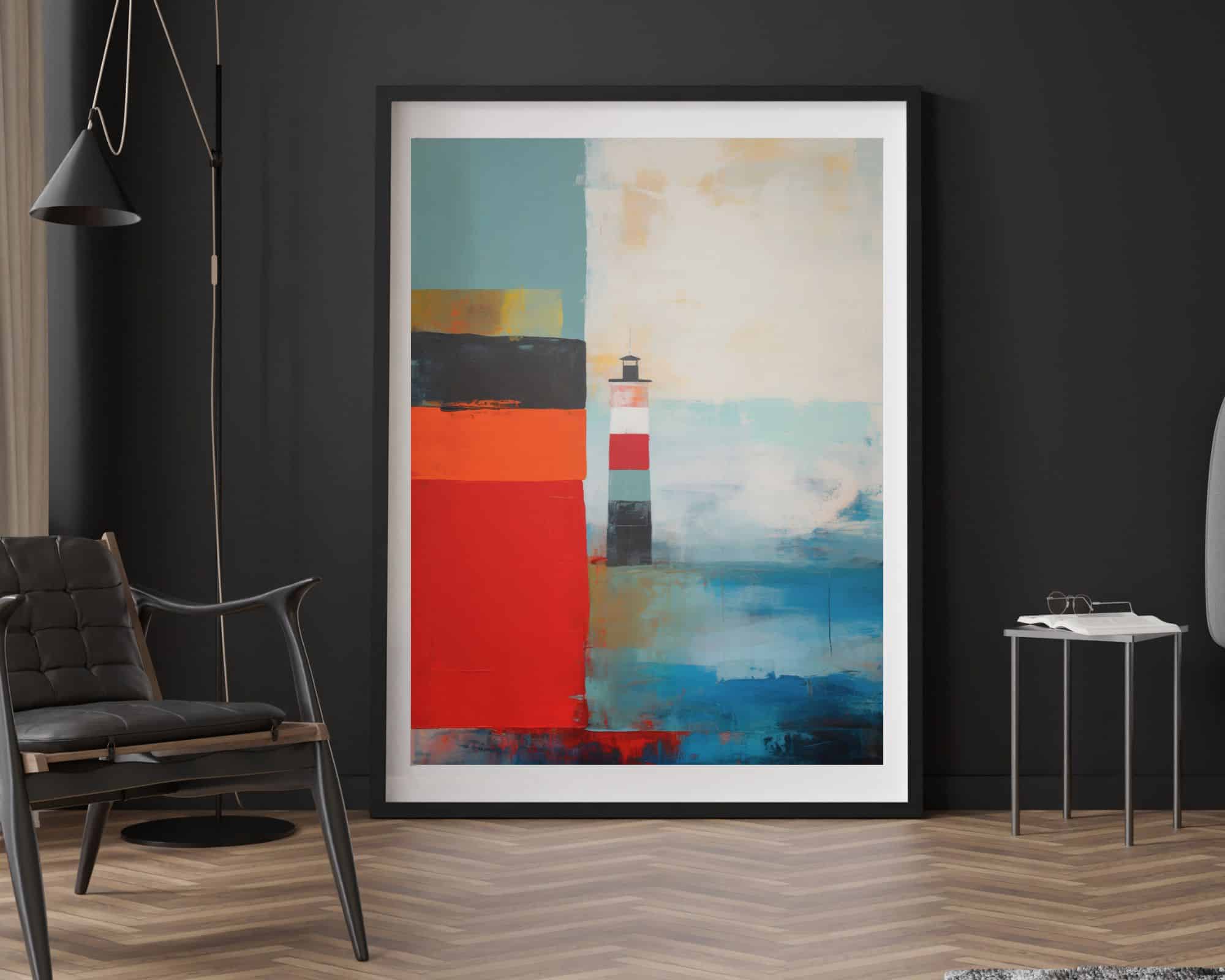 9276mo1 ציור מופשט גדול וממוסגר בשם "תמונה למשרד נוסח אבסטרקטי נוף ים עם מגדלור" כולל מגדלור הממוקם על רקע גושי צבע חיים, כולל אדום, כחול, שחור ואוף-וויט. יצירות האמנות מוצגות בחדר מודרני עם קירות כהים, משלימים כיסא עור שחור ושולחן צד קטן בקרבת מקום.