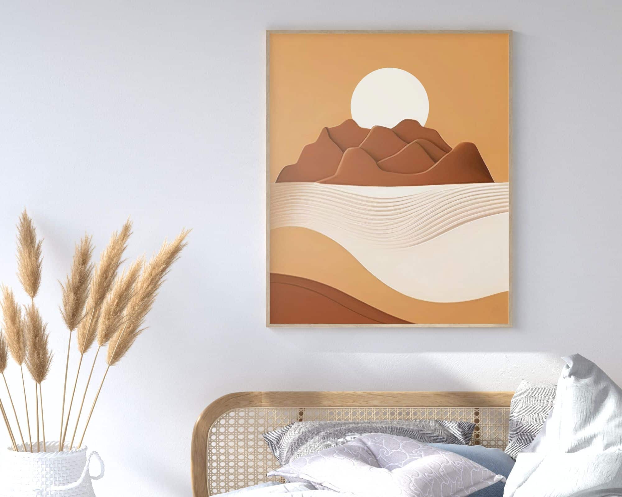 אמנות קיר בוהו-שיקית בשם "תמונה לחדר שינה נוסח בוהו שיק שמש זורחת מעל מדבר", המתארת שמש זורחת מעל נוף מדברי בגווני חום ובז', מעטרת את החלל שמעל המיטה. משמאל, אגרטל עם דשא פמפס יושב על משטח לבן, ומוסיף נופך טבעי לעיצוב המודרני.