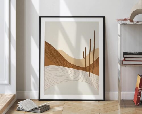 ⁦תמונה לחדר שינה בסגנון בוהו שיק של קקטוס במדבר בצבעי בז' וחום⁩ – תמונה ⁦2⁩