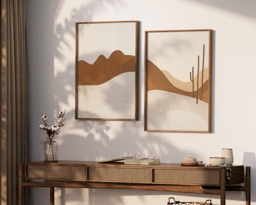 ⁦תמונה לחדר שינה בסגנון בוהו שיק של קקטוס במדבר בצבעי בז' וחום⁩ – תמונה ⁦4⁩