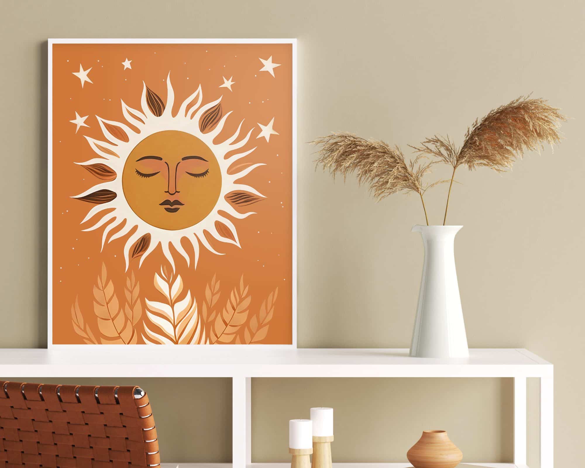 9296mo1 תמונה לחדר שינה בעיצוב בוהו שיק שמש מוקפת כוכבים בצבע כתום – תמונה 1