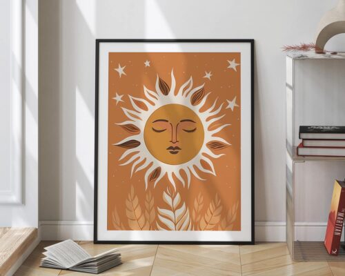 ⁦תמונה לחדר שינה בעיצוב בוהו שיק שמש מוקפת כוכבים בצבע כתום⁩ – תמונה ⁦2⁩