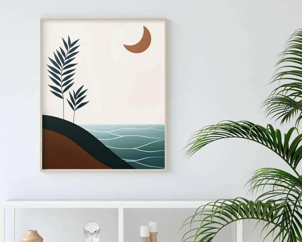 "תמונה לחדר שינה בעיצוב בוהו שיק ירח מעל ים" תלוי על קיר לבן מעל מדף לבן, ומעצים את האסתטיקה המודרנית והנקייה של החדר. בקרבת מקום ניצב עציץ בעל עלים דקים, המשלים עוד יותר את העיצוב המינימליסטי.