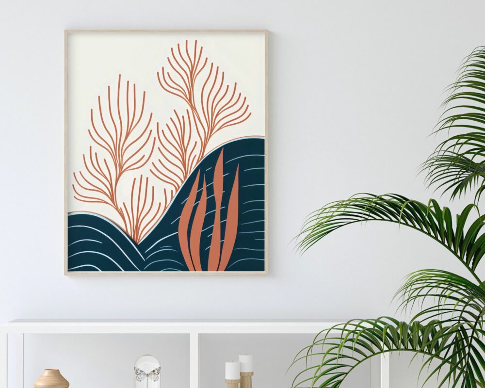 יצירת אמנות ממוסגרת בשם "תמונה לחדר שינה נוסח בוהו שיק אלמוגים כתומים מתחת לגלי ים", הכוללת מוטיבים צמחיים מופשטים בגווני כתום וכחול נייבי, תלויה על קיר לבן מעל מדף לבן. המדף מכיל פריטי נוי, ומימין מונח צמח ירוק בעל עלים ארוכים ודקים.