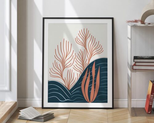 ⁦תמונה לחדר שינה  בסגנון בוהו שיק אלמוגים כתומים מתחת לגלי ים⁩ – תמונה ⁦2⁩