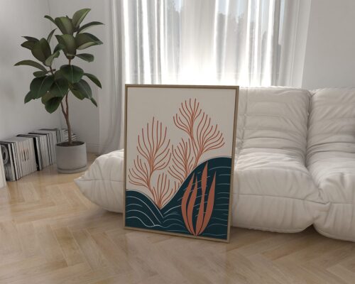 ⁦תמונה לחדר שינה  בסגנון בוהו שיק אלמוגים כתומים מתחת לגלי ים⁩ – תמונה ⁦3⁩