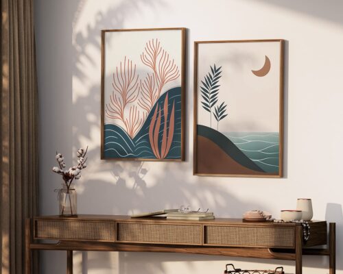 ⁦תמונה לחדר שינה  בסגנון בוהו שיק אלמוגים כתומים מתחת לגלי ים⁩ – תמונה ⁦4⁩