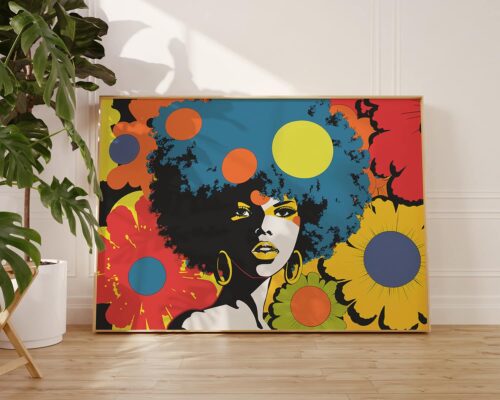 ⁦תמונה מעל הספה בסגנון רטרו אישה עם אפרו ופרחים צבעוניים⁩ – תמונה ⁦3⁩