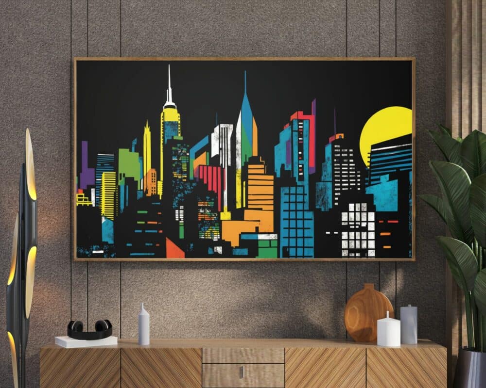 ציור אבסטרקטי ממוסגר וצבעוני שכותרתו "תמונה מעל הספה נוסח רטרו גורדי שחקים באישון הלילה" תלוי על קיר מעל שולחן קונסולה מעץ. הציור מציג מבנים גיאומטריים בצבעים מרהיבים על רקע כהה. שולחן הקונסולה מכיל פריטים דקורטיביים כולל נרות ופסלון.