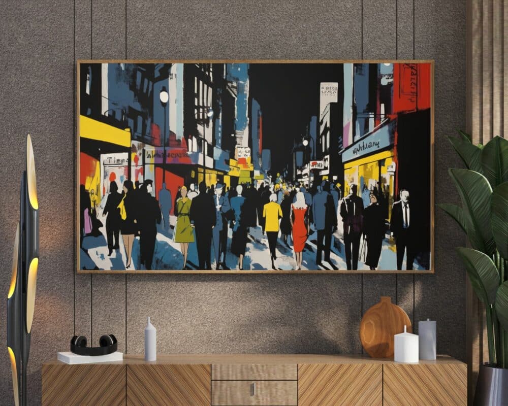 ציור ממוסגר שכותרתו "תמונה מעל הספה נוסח רטרו אנשים מטיילים בניו יורק בלילה" תלוי על קיר אפור בעל מרקם. סצנת הרחוב התוססת של העיר לוכדת אנשים רבים שהולכים בינות לחלונות ראווה ובניינים מוארים. מתחת לציור שולחן קונסולת עץ מעוטר בפריטי נוי ועציץ.