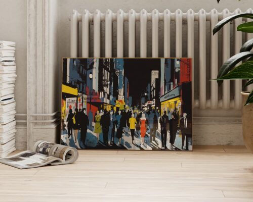 ⁦תמונה מעל הספה בסגנון רטרו אנשים מטיילים בניו יורק בלילה⁩ – תמונה ⁦2⁩