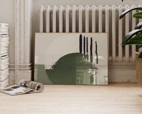 ⁦תמונה לחדר שינה מעל המיטה בסגנון מינימליסטי עיגול בצבעי מים בגווני ירוק⁩ – תמונה ⁦2⁩