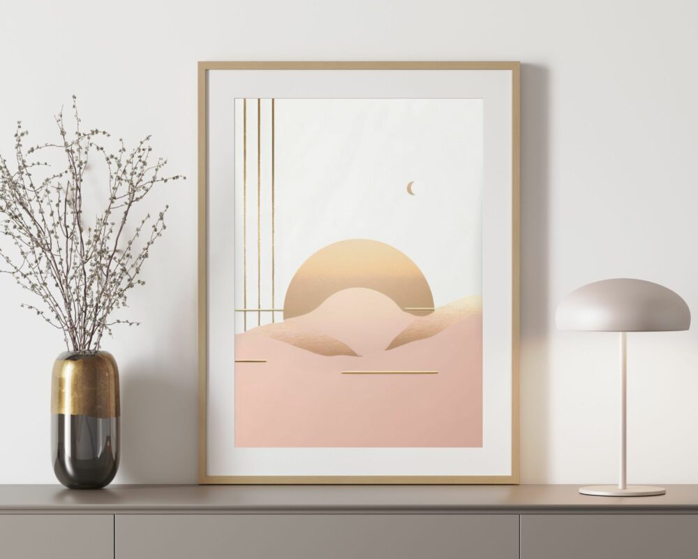 הדפס אמנות ממוסגר מינימליסטי שכותרתו "תמונה לחדר שינה נוסח מינימליסטי זריחה מעל ההר בורוד עדין וזהב" המתאר שמש מסוגננת שוקעת מאחורי גבעות מופשטות תלויה על קיר לבן. לצד האמנות יש מנורת שולחן מודרנית ואגרטל עם ענפים עדינים, כולם מונחים על שולחן קונסולה אפור ואלגנטי.
