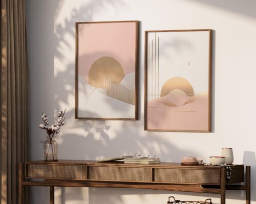 ⁦תמונה לחדר שינה בסגנון מינימליסטי זריחה מעל ההר בורוד עדין וזהב⁩ – תמונה ⁦4⁩