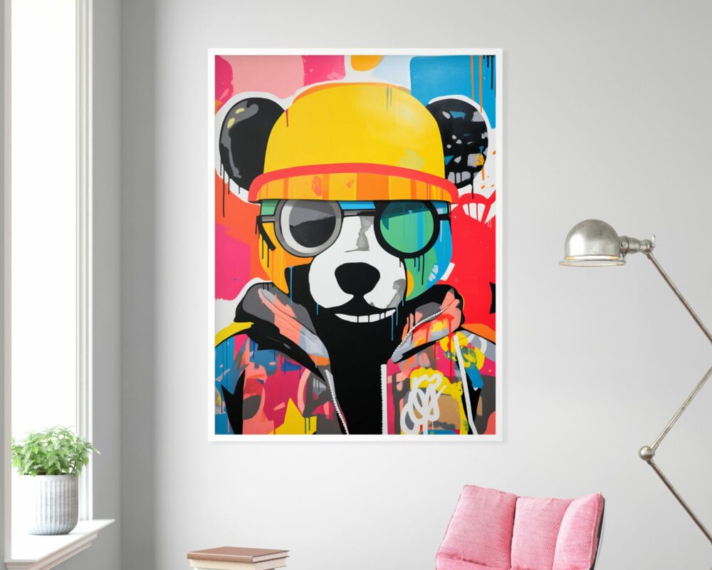 התמונה לחדר נוער נוסח גרפיטי דובי ראפר צבעוני מציגה אומנות קיר תוססת הכוללת דוב מצויר חובש כובע קשיח צהוב, משקפי שמש ובגדים צבעוניים בסגנון גרפיטי. דמותו של הדוב ממוקמת על רקע צבעוני ומופשט. התמונה מוצגת בחדר מודרני עם כיסא ורוד, מנורה וצמח קטן.