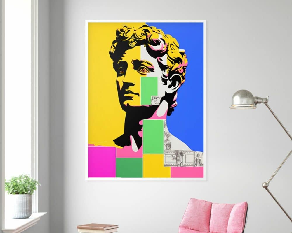 הדפס אמנות מודרני תלוי על קיר אפור ובו סגנון תמונה לחדר נוער פופ ארט פסל דוד צבעוני עם בלוקים של צהוב עז, כחול, ורוד וירוק. מתחת, כיסא ורוד ומנורת רצפה ממוקמים ליד שולחן עץ קטן עם עציץ.